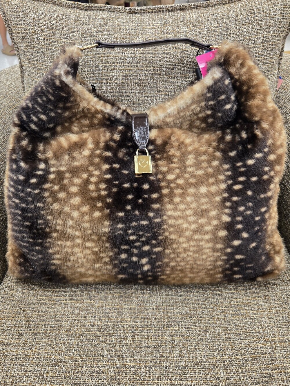 Betsey Johnson Brown Spotted Faux Fur Shoulder Bag with Gold Lock